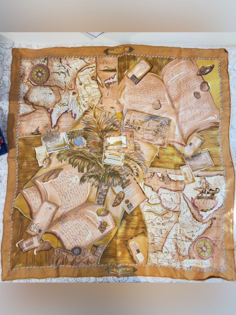 Dior Travel Map Print Silk Scarf in Tan, Gold and Cream